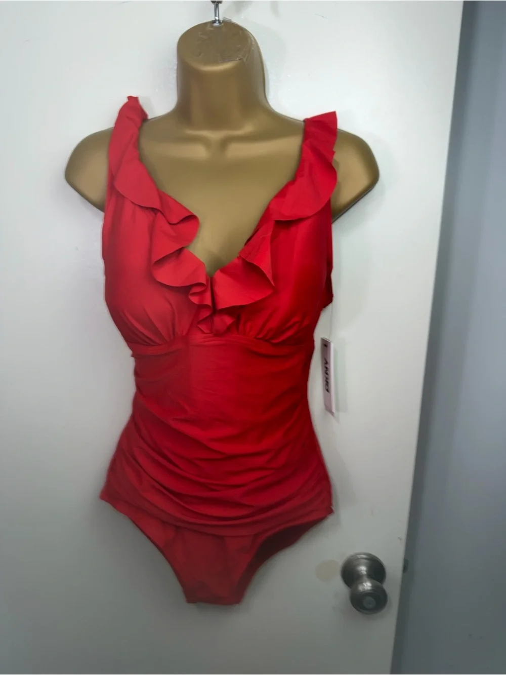 DKNY Red Ruffle Plunge Soft Cups Slimming Tummy Control One Piece Swimsuit NWT M - Picture 9 of 16